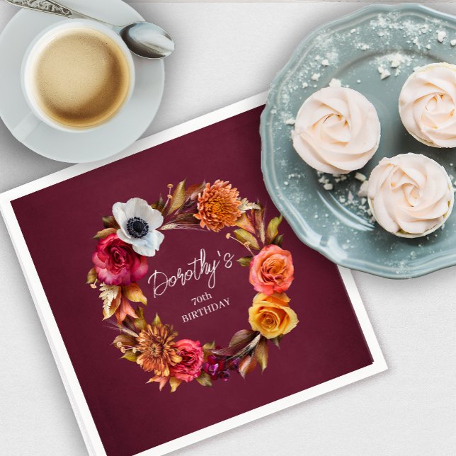 Earth Tone Burgundy Fall Flowers 70th Birthday Napkin (This custom fall floral 70th birthday napkin will add a special touch to your party decor.)