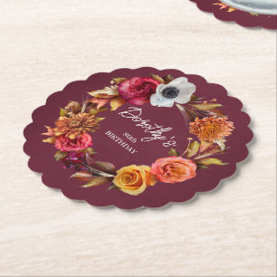 Earth Tone Burgundy Fall Flowers 80th Birthday Paper Coaster