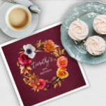 Earth Tone Burgundy Fall Flowers 90th Birthday Napkin<br><div class="desc">A beautiful wreath of earth tone flowers surrounds the birthday celebrant's name and birthday. Burgundy red, burnt orange and golden yellow flowers are nestled in fall leaves and foliage. This item is part of the Burgundy Fall Flowers Collection. It contains the invitations and party supplies you need to easily create...</div>