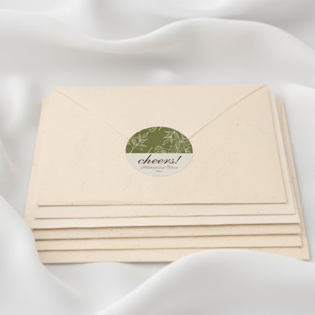 Earth Tone Floral Cheers! Custom Wedding Classic Round Sticker (Celebrate in style with this Earth Tone Floral “Cheers!” Custom Sticker!)