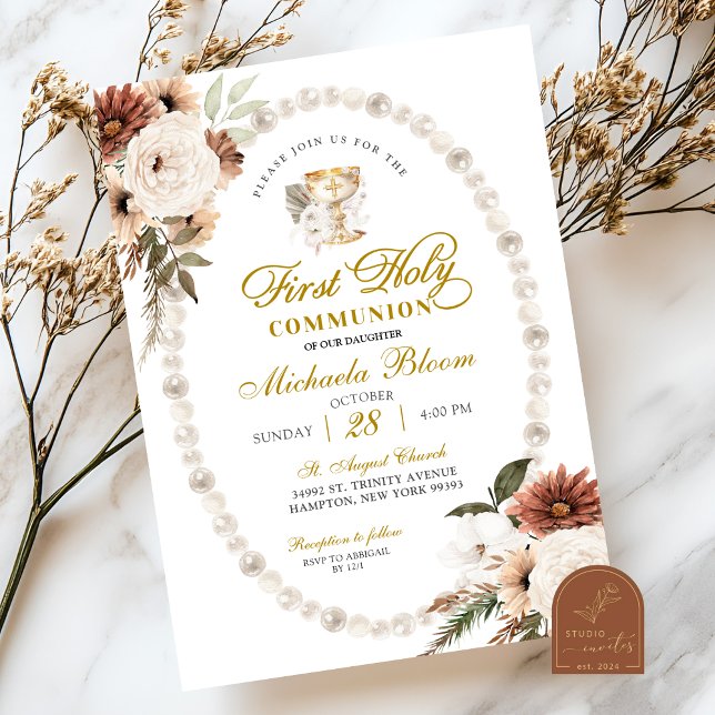 Earth Tone Floral Pearl First Holy Communion Invitation (Creator Uploaded)