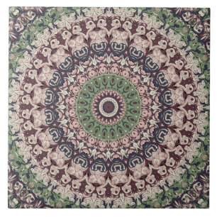 Earth Tone Green and Brown Mandala Pattern Ceramic Tile