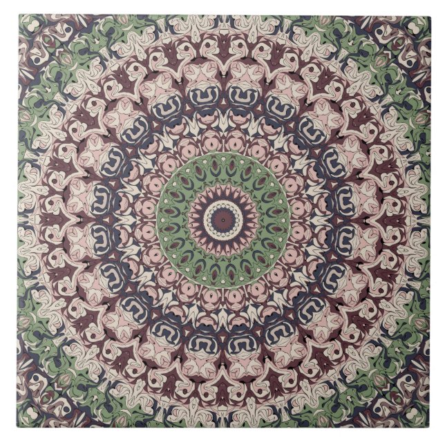 Earth Tone Green and Brown Mandala Pattern Ceramic Tile (Front)