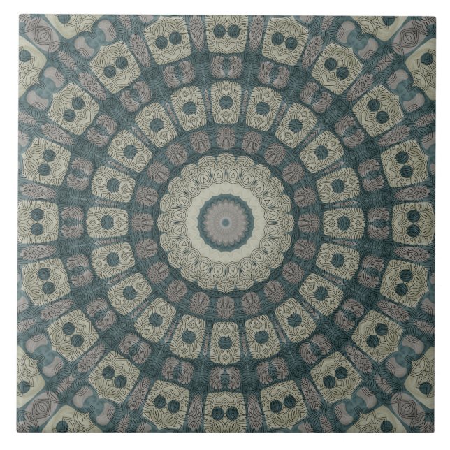 Earth Tone Mandala with Tribal Geometric Patterns Ceramic Tile (Front)