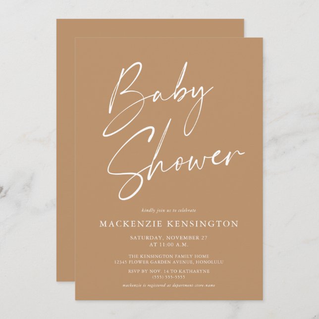 Earth Tone Modern Minimalist Script Baby Shower Invitation (Front/Back)