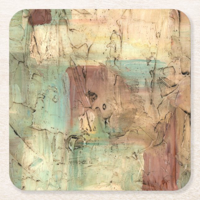 Earth Tone Painting with Cracked Surface Square Paper Coaster (Front)