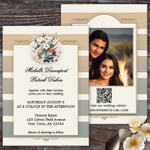 Earth Tone Striped Floral Photo Wedding Invitation