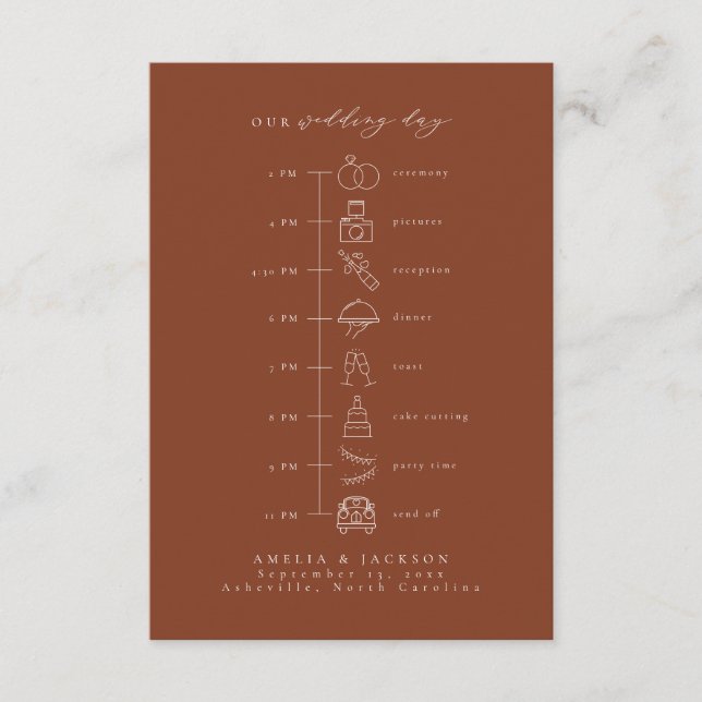 Earth Tone Terracotta Wedding Timeline Enclosure Card (Front)
