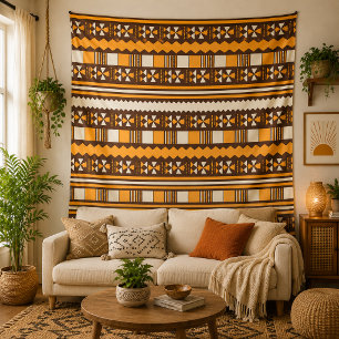 Earth Tone Tribal Geometric Pattern Boho Wall Tapestry