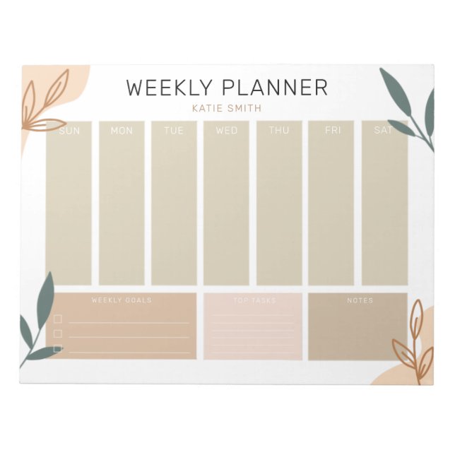 Earth-Toned Abstract & Green Leaves Weekly Planner Notepad (Front)