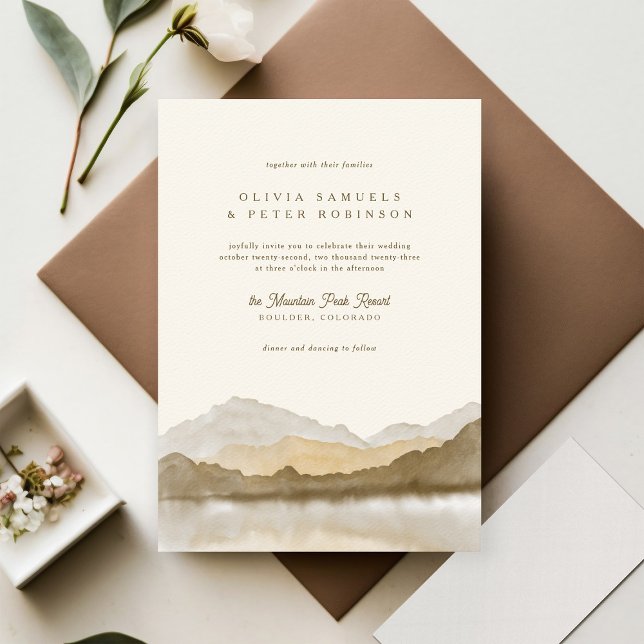Earth Tones Boho Watercolor Mountain Photo Wedding Invitation (Creator Uploaded)