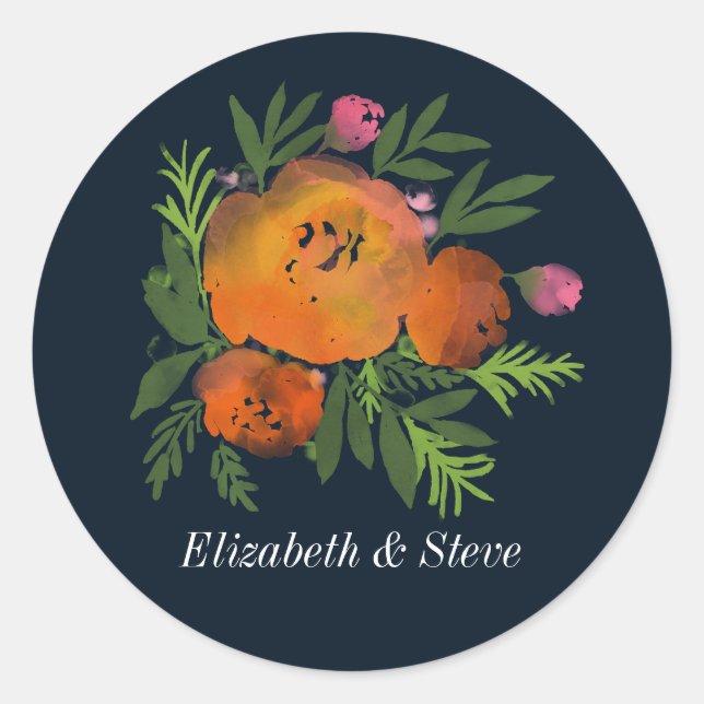 Earth Tones Burnt Orange Navy Floral Wedding Classic Round Sticker (Front)