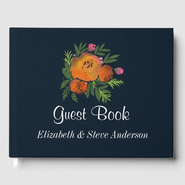 Earth Tones Burnt Orange Navy Floral Wedding Guest Book (Front)