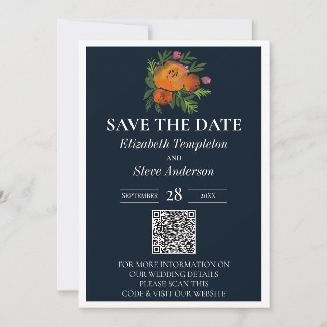 Earth Tones Burnt Orange Navy Floral Wedding Suite Save The Date (Front)