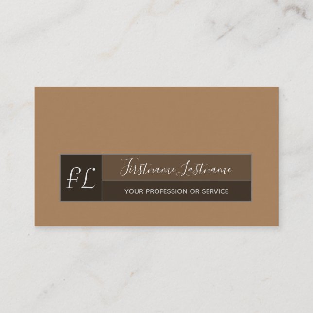 Earth tones calligraphy grey rectangle monogram business card (Front)
