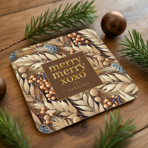 Earth Tones Christmas Merry Pattern#21 ID1009 Square Paper Coaster