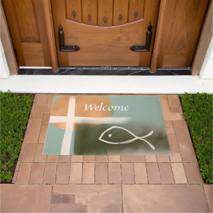 Earth tones cross and fish minimalist art  doormat