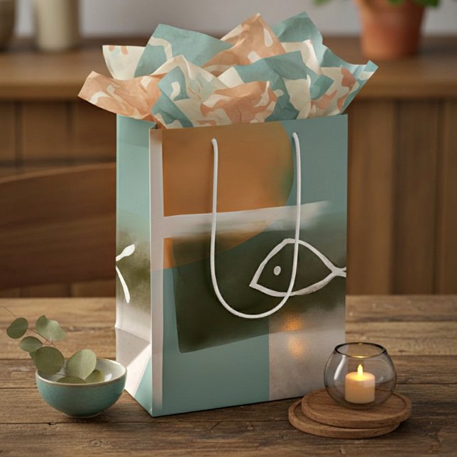 Earth tones cross and fish minimalist art medium gift bag (Creator Uploaded)
