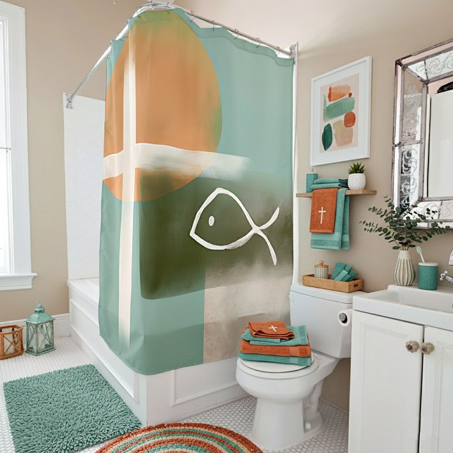 Earth tones cross and fish minimalist art shower curtain (Creator Uploaded)