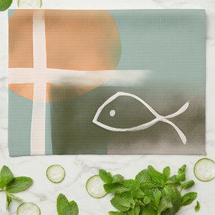 Earth tones cross and fish minimalist art tea towel