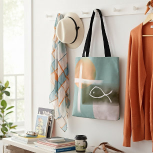 Earth tones cross and fish minimalist art tote bag