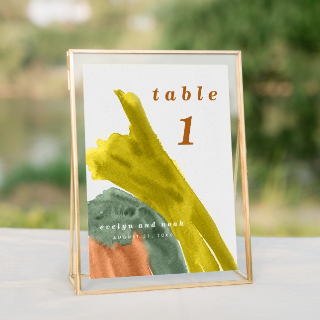 Earth Tones Watercolor Table Number (Bright vibrant watercolor wash in earth tone colors wedding suite modern table number sign.)