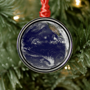 Earth With Three Tropical Cyclones In The Pacific. Metal Ornament
