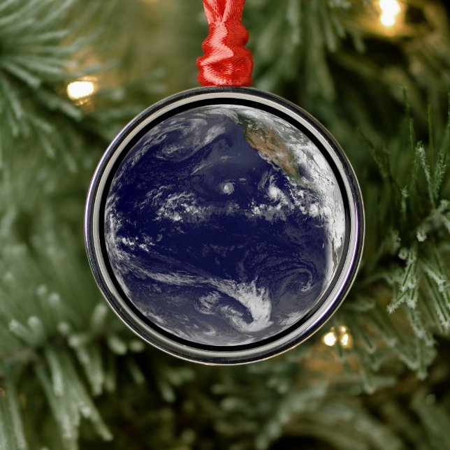 Earth With Three Tropical Cyclones In The Pacific. Metal Ornament (Tree)