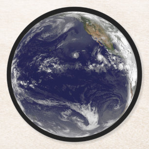 Earth With Three Tropical Cyclones In The Pacific. Round Paper Coaster