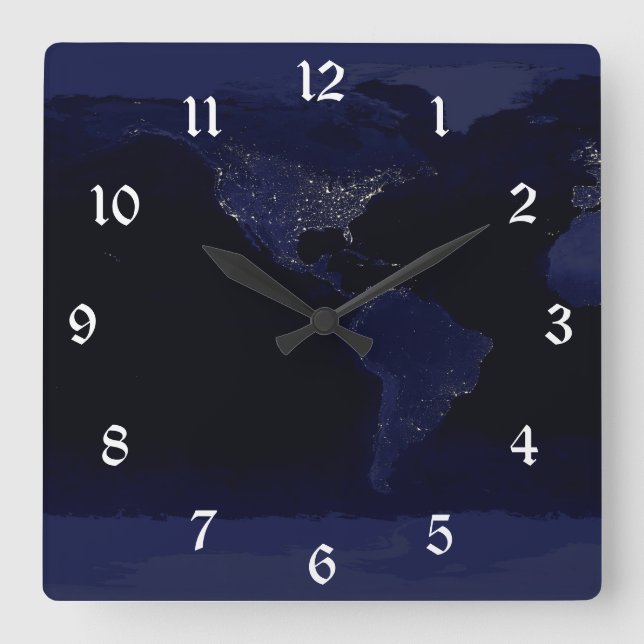 Earth World Map City Lights at Night Satellite Square Wall Clock (Front)