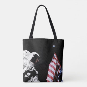 Earthrise From Moon - Flag And Earth Tote Bag
