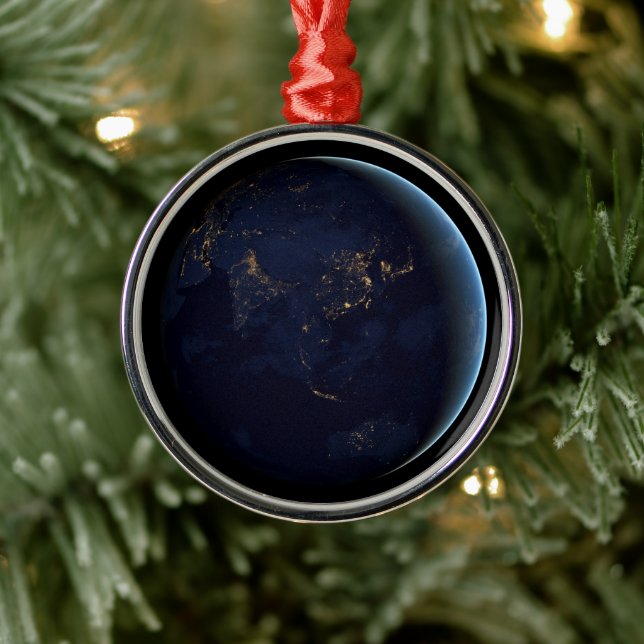 Earth's City Lights At Night On Asia And Australia Metal Ornament (Tree)