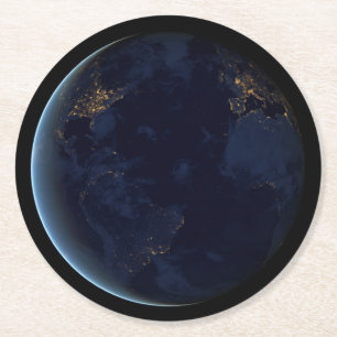 Earth's City Lights At Night Round Paper Coaster