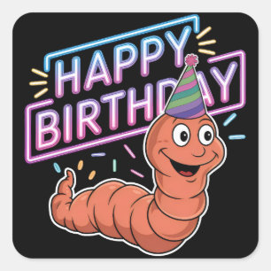 Earthworm wearing birhday hat neon square sticker