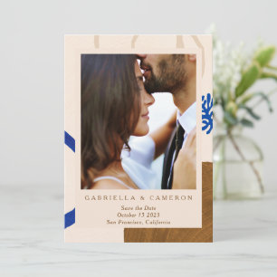 Earthy Abstract Fall Neutrals Blue Photo Wedding Save The Date