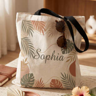 Earthy Aesthetic Tropical Foliage Custom Name Blac Tote Bag