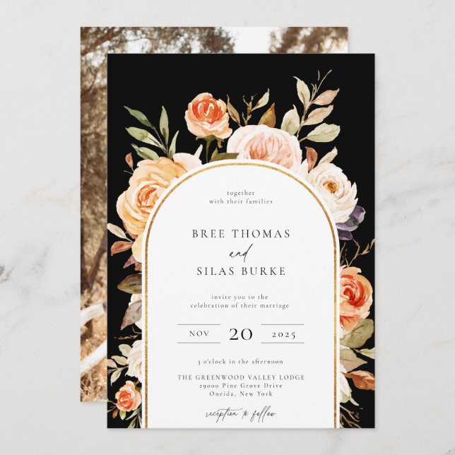 Earthy Autumn Botanical Floral Arch Frame Wedding  Invitation (Front/Back)