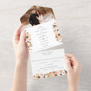 Earthy Autumn Floral Black Wedding All In One Invitation