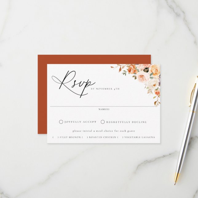 Earthy Autumn Floral Meal Choice Wedding RSVP Card (Front/Back In Situ)