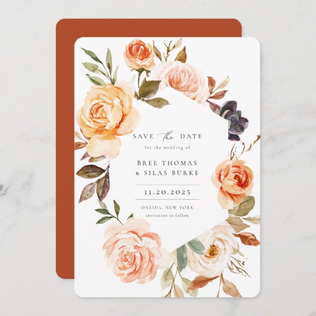 Earthy Autumn Floral Photo Save The Date (Front/Back)