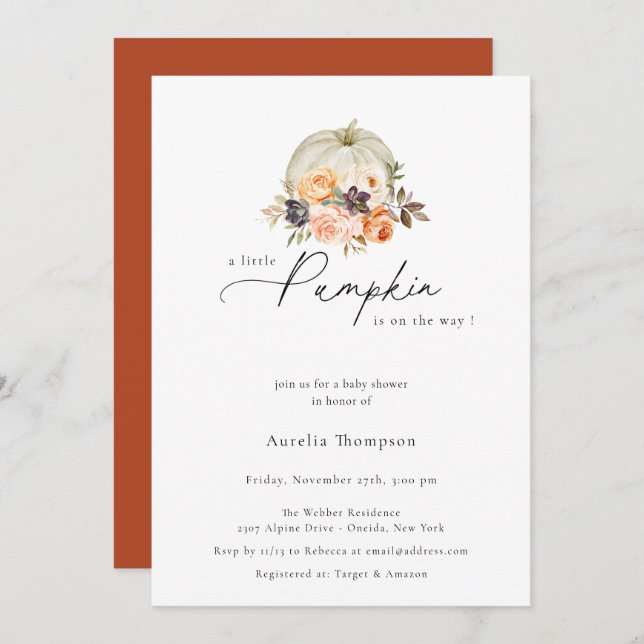 Earthy Autumn Floral Pumpkin Baby Shower Invitation (Front/Back)