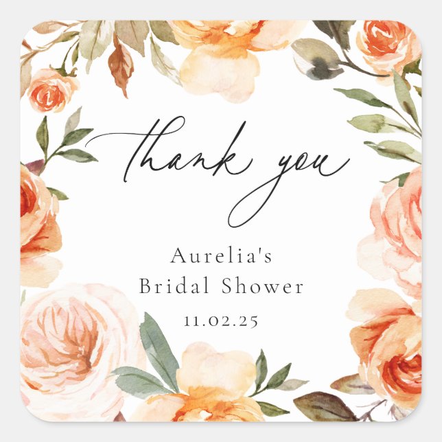 Earthy Autumn Floral Thank You Favour Square Sticker (Front)