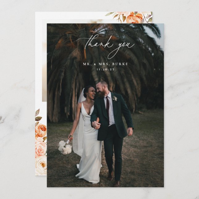 Earthy Autumn Floral Wedding Photo Thank You Card (Front/Back)