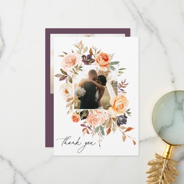 Earthy Autumn Floral Wedding Photo Thank You Card (Front/Back In Situ)