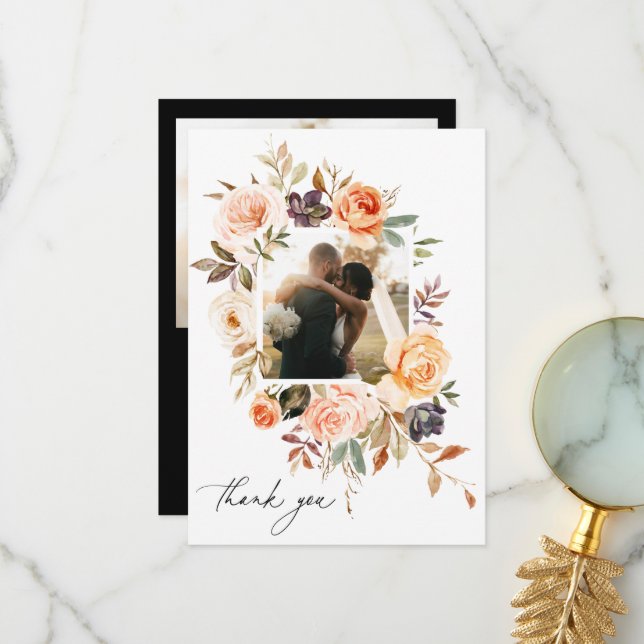 Earthy Autumn Floral Wedding Photo Thank You Card (Front/Back In Situ)