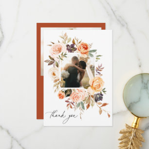 Earthy Autumn Floral Wedding Photo Thank You Card