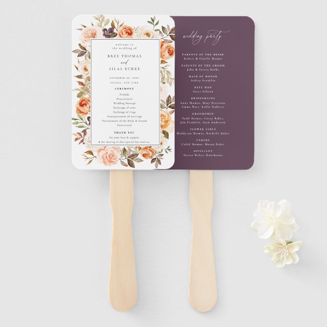 Earthy Autumn Floral Wedding Program Hand Fan (Front and Back)