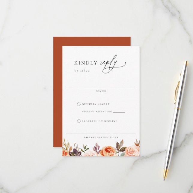 Earthy Autumn Floral Wedding RSVP Card (Front/Back In Situ)