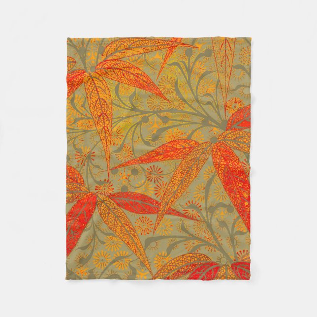 Earthy Bamboo Art Vintage Print Orange  Fleece Blanket (Front)