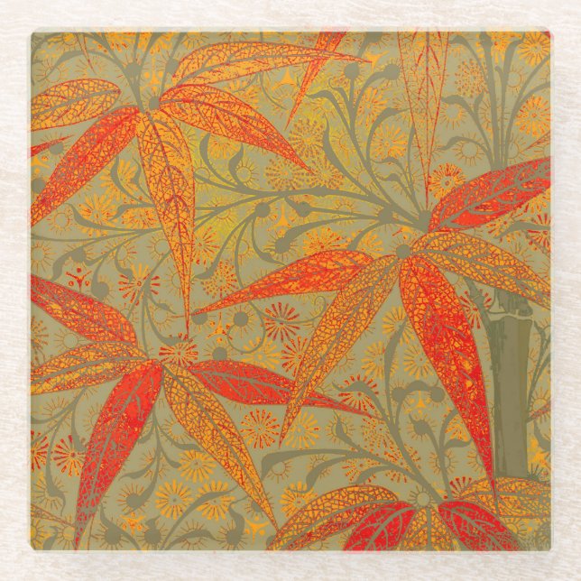 Earthy Bamboo Art Vintage Print Orange  Glass Coaster (Front)
